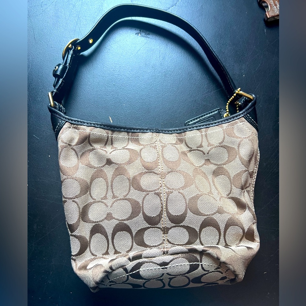 Coach Signature Monogram Black Shoulder Bag Gold Hardware Women's